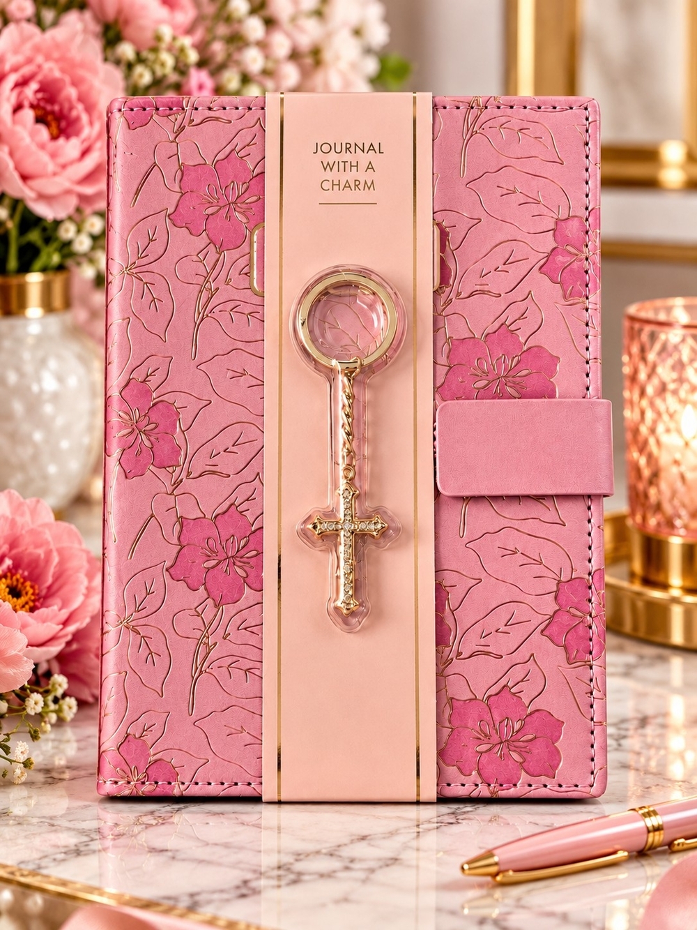 Pink Floral Journal with Charm Keyring - NWOT